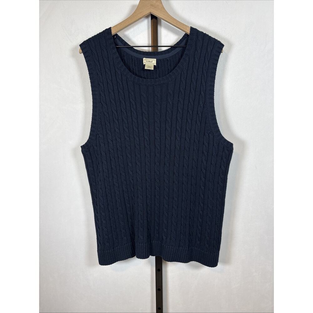LL Bean Cable Knit Sweater Vest Womens 2X Navy Blue 100% Cotton Vintage Timeless
